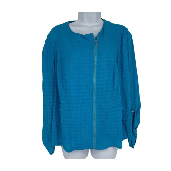 Chico’s Blue Squared Textured Moto Lightweight Zip Up Blouse Women's Size 2 US L - Picture 1 of 10